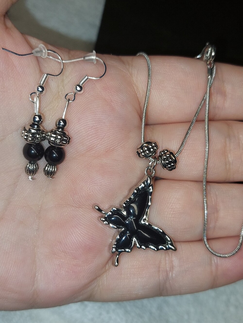 Silver-Tone Black Butterfly Pendant Necklace & Earrings Set Handmade